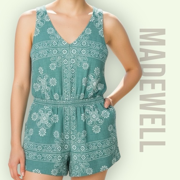 Madewell Pants - Madewell Beach Womens Medium Teal Floral V Neck Lightweight Breezy Romper NWT